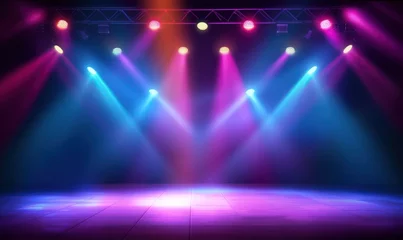 Rolgordijnen Empty stage with colorful spotlights. Scene lighting effects. Generative AI © vectoraja