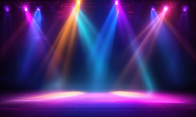 Fototapeta na wymiar Empty stage with colorful spotlights. Scene lighting effects. Generative AI