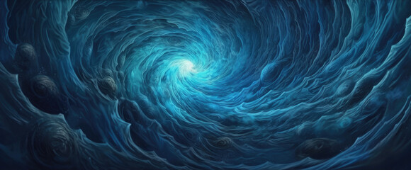 Surreal whirlpool of icy cold blue ocean tsunami swirl of destructive crashing waves swirl, turbulent and dangerous gale force winds storm on a unexplored alien water planet - generative AI 