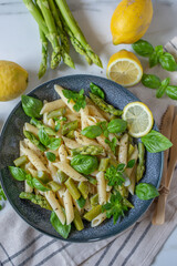 Pasta primavera with asparagus, snap peas and lemon