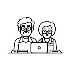 Old couple with laptop vector illustration isolated on transparent background