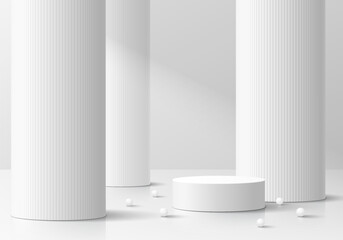 Realistic 3D white gray cylinder pedestal podium background with vertical huge pillars. Wall minimal scene mockup product stage showcase, Cosmetic banner promotion display. Abstract vector platforms.