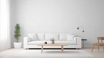 Naklejka na ściany i meble White sofa with empty blank white wall background, good for photo, art frame template on the wall , interior design concept