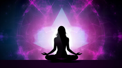 Silhouette of woman in lotus yoga position on the pink color abstract positive energy background