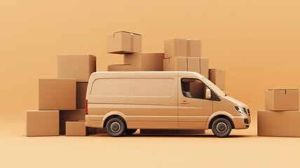 delivery car or movers service van full of cardboard boxes for fast delivery and logistic shipments concepts