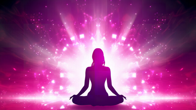 Silhouette of woman in lotus yoga position on the pink color abstract positive energy background	
