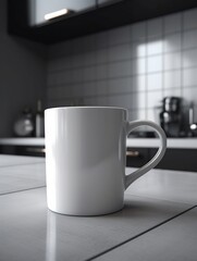 White mug mockup on table of white kitchen background created with Generative AI technology 