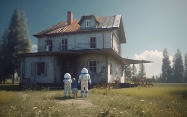 Fototapeta na wymiar Man and boy in spacesuits lokking at abandoned farmhouse at sunny summer day created with Generative AI technology. Astronauts on the Earth planet