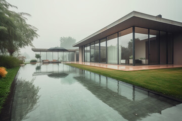 Modern villa design concept with swimming pool on the front, rainy day mood