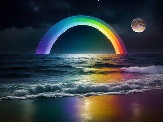 Lunar Kaleidoscope: Captivating Rainbow in the Moon's Glow Over the Sea