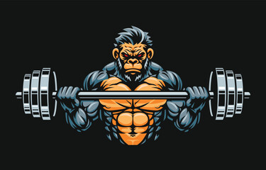 Gorilla fitness or gym illustration design, gorilla lifting barbell illustration. gorilla mascot character