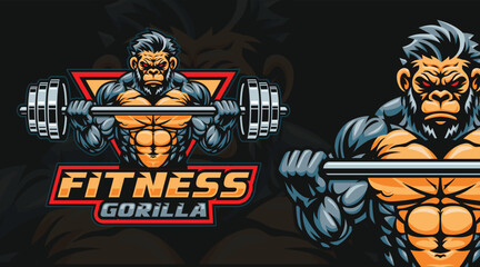 Gorilla fitness or gym logo template, gorilla lifting barbell illustration. gorilla mascot character