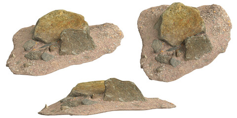 3d illustration of rocks on gravel shelf isolated on transparent background