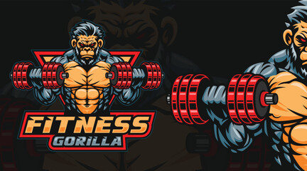 Gorilla fitness or gym logo template, gorilla lifting dumbbells illustration. gorilla mascot character