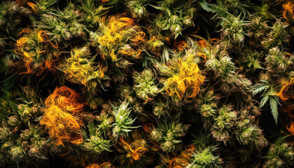 Close up of Marijuana flowers with water drop in dark black background. Fresh fruit herbal and Vegetable concept. Nutrition vitamin and medicine theme. Generative AI