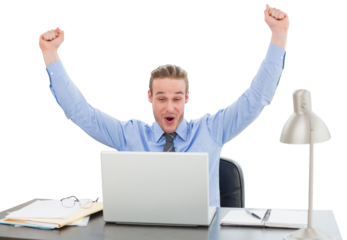 Digital png photo of cheering caucasian businessman with laptop on transparent background