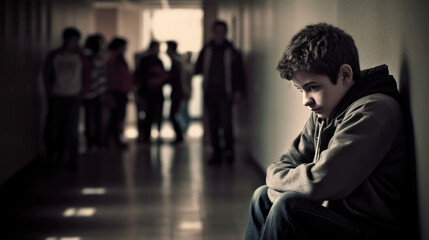 The impact of bullying. Young person sitting alone in a school hallway, shoulders slumped. Generative AI