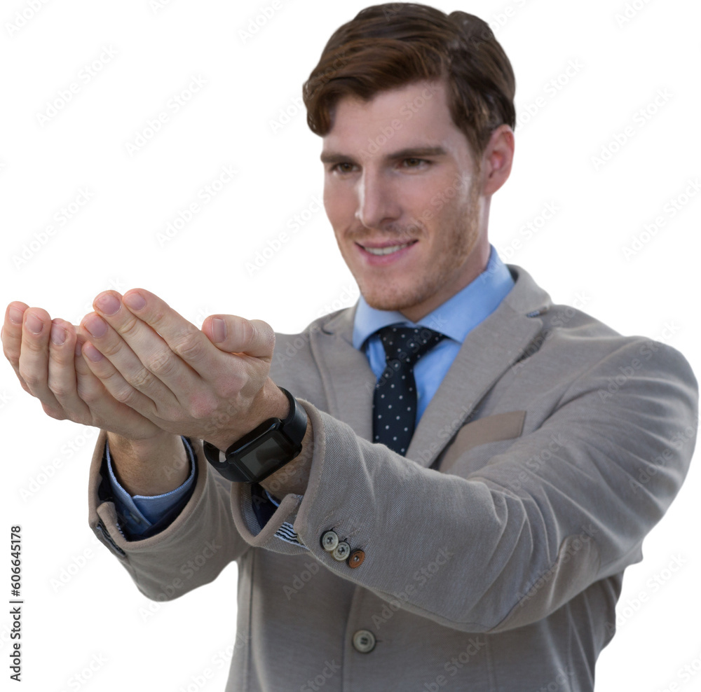 Canvas Prints Digital png photo of smiling caucasian businessman with cupped hands on transparent background