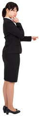 Digital png photo of focused asian businesswoman pointing finger on transparent background