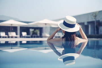 beautiful young woman in a hat relaxing in a swimming pool