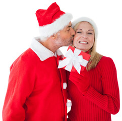 Digital png photo of caucasian man in santa hat kissing woman with present on transparent background