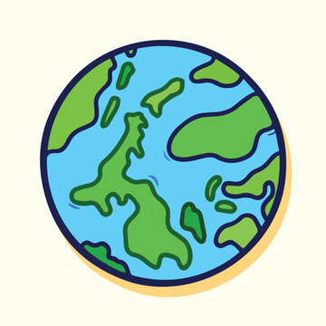 Earth ball vector illustration isolated on light yellow cream colored square background. Simple flat outlined cartoon art styled drawing.