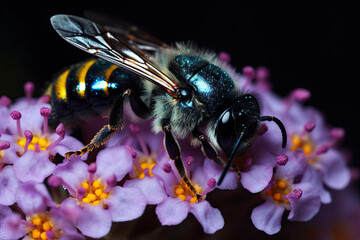 a bee with blue eyes and black wings, surrounded by pink flowers in the background is a dark purple flower. Generative Ai