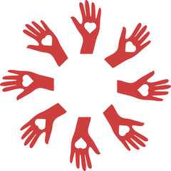 Fototapeta premium Digital png illustration of red hands with hearts and copy space on transparent background