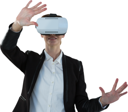 Digital png photo of caucasian businesswoman using vr headset on transparent background