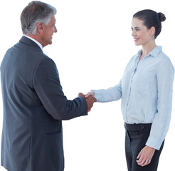 Digital png photo of happy caucasian business people shaking hands on transparent background