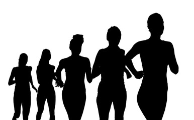 Digital png black silhouettes of women running on transparent background