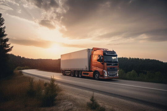 A semi truck carrying a container of cargo driving down a long stretch of highway at sunset efficient and reliable transportation. AI Generative.