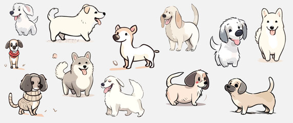 Different poses cute baby dogs vector collections isolated white background. Happy emotion of Pets set design.