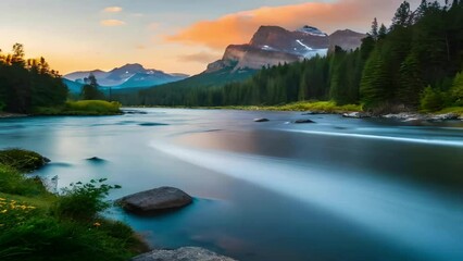 Calm and peaceful atmosphere, a little paradise with a charming view of the river and mountains behind, great for marketing, blogs, background videos, self-healing, presentations, business etc.