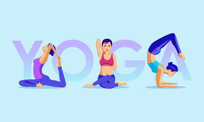 
group of women doing yoga exercises, yoga poses, physical and spiritual practices, vector and text illustration
