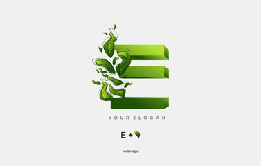 E Leaf Letter 3D Logo Icon Design in Green Colors. E logo with leaf element, letter E with the concept of green leaves, Eco Bio Letter Design Vector Illustration.