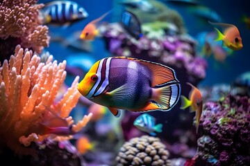 Naklejka na ściany i meble Colorful tropical fish on the coral reef. Generative AI