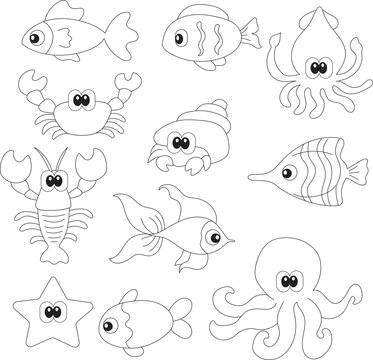 Fish and sea animals, squid, octopus, starfish, crab, hermit crab, lobster for any print