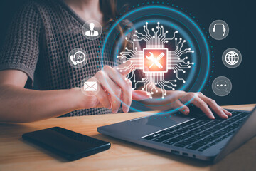 Businesswoman hand touching service support customer help call center business technology button on virtual screen. Technical support customer service, Customer help, business technology concept.