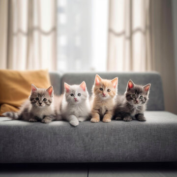 Generative A.I. adorable kittens sitting and lying on a comfortable couch. cat, group