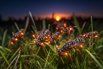 some ants that are in the grass with lights on their backs and legs, as if they'ret. Generative Ai