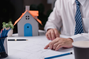 Hand Drawing Interior creative working home design plan blue print. Architect designer engineer document