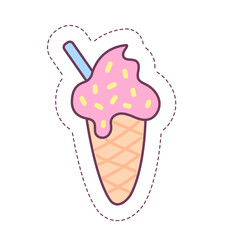 Ice cream in waffle cone sticker on white background