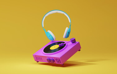 Purple turntable with blue wireless headphones on yellow background
