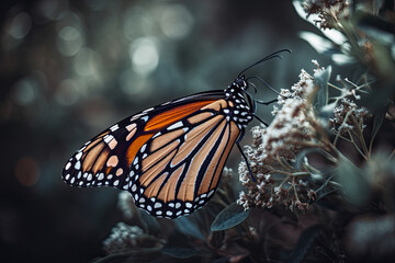 Fototapeta na wymiar a monarch butterfly resting on a flower in the wildflowers, taken with a canon 70 - 200mm lens. Generative Ai
