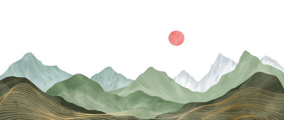 Mountain landscape watercolor painting illustration with line art pattern. Abstract contemporary aesthetic backgrounds landscapes. mountains, hills, sun and skyline