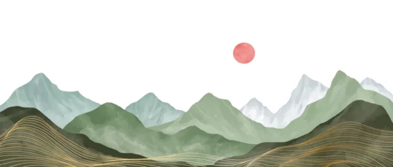 Stof per meter Mountain landscape watercolor painting illustration with line art pattern. Abstract contemporary aesthetic backgrounds landscapes. mountains, hills, sun and skyline © gina