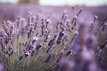 lavender flowers with a bee flying over them in the fore - image courtesy by flickonly com via wikim. Generative Ai
