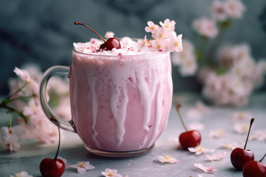 latte milkshake with cherry blossom on background
