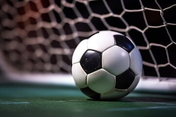 Fototapeta na wymiar Soccer ball in goal, sport and success business concept - Generative AI